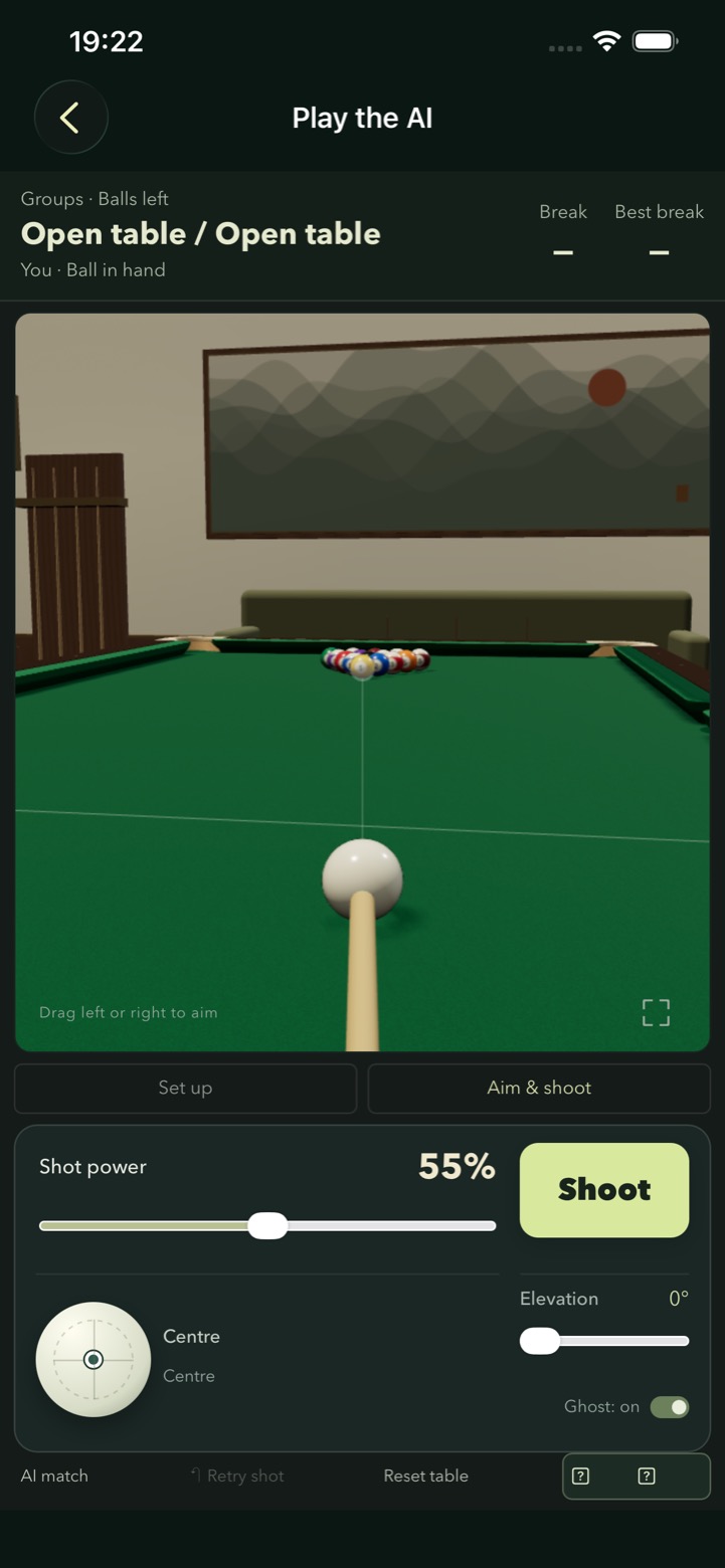 Actual Pro Billiards Arena gameplay showing the table, shot power, cue tip and elevation controls