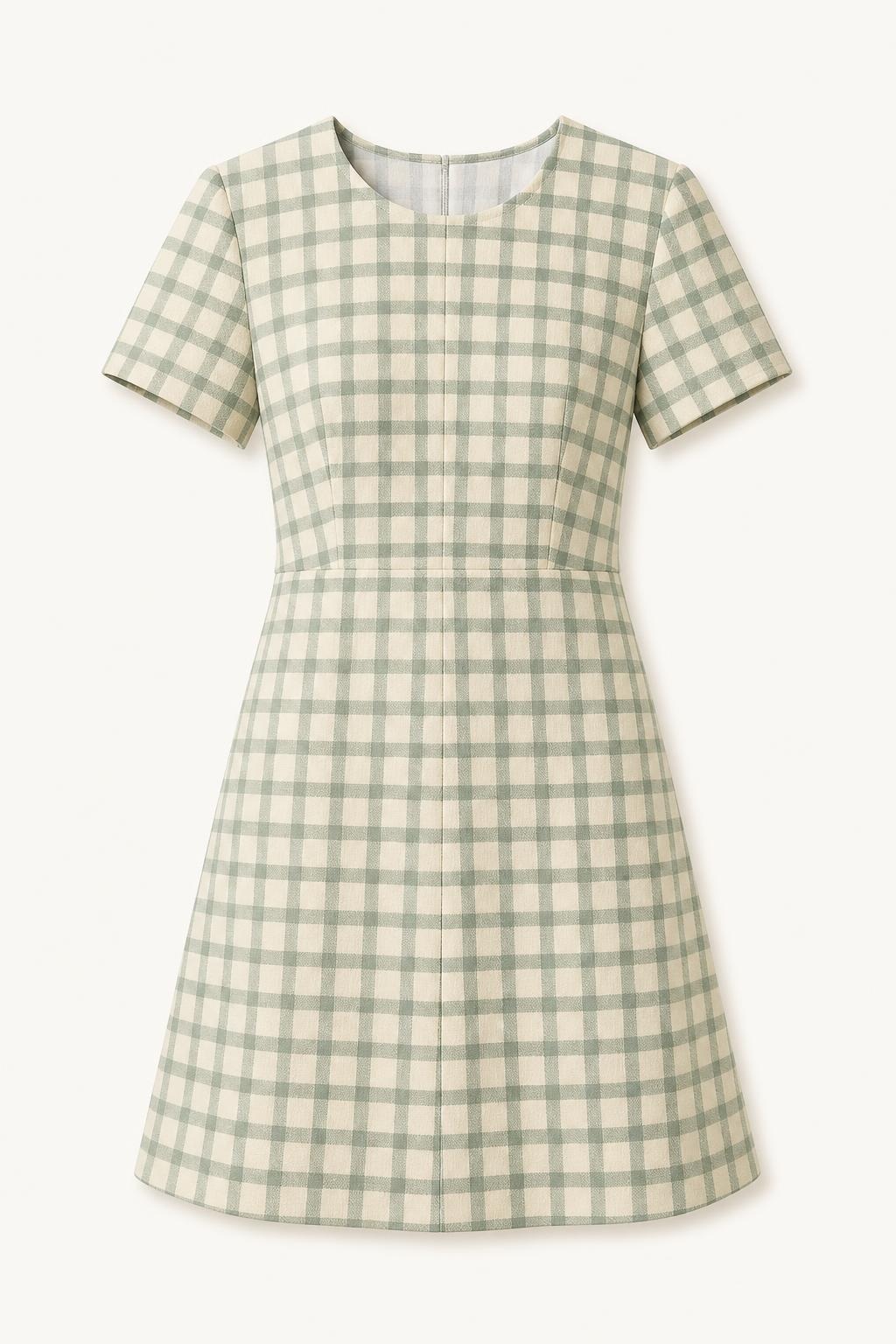 天才服装师真实生成示例：绿色格纹布料制成短袖 A 字连衣裙