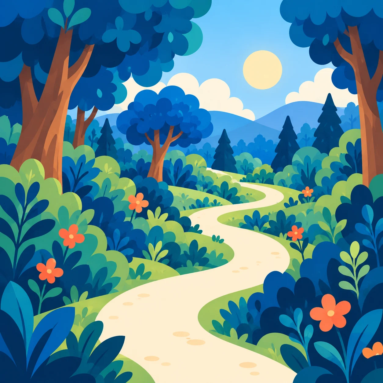 A sunny winding path through a colorful storybook forest.