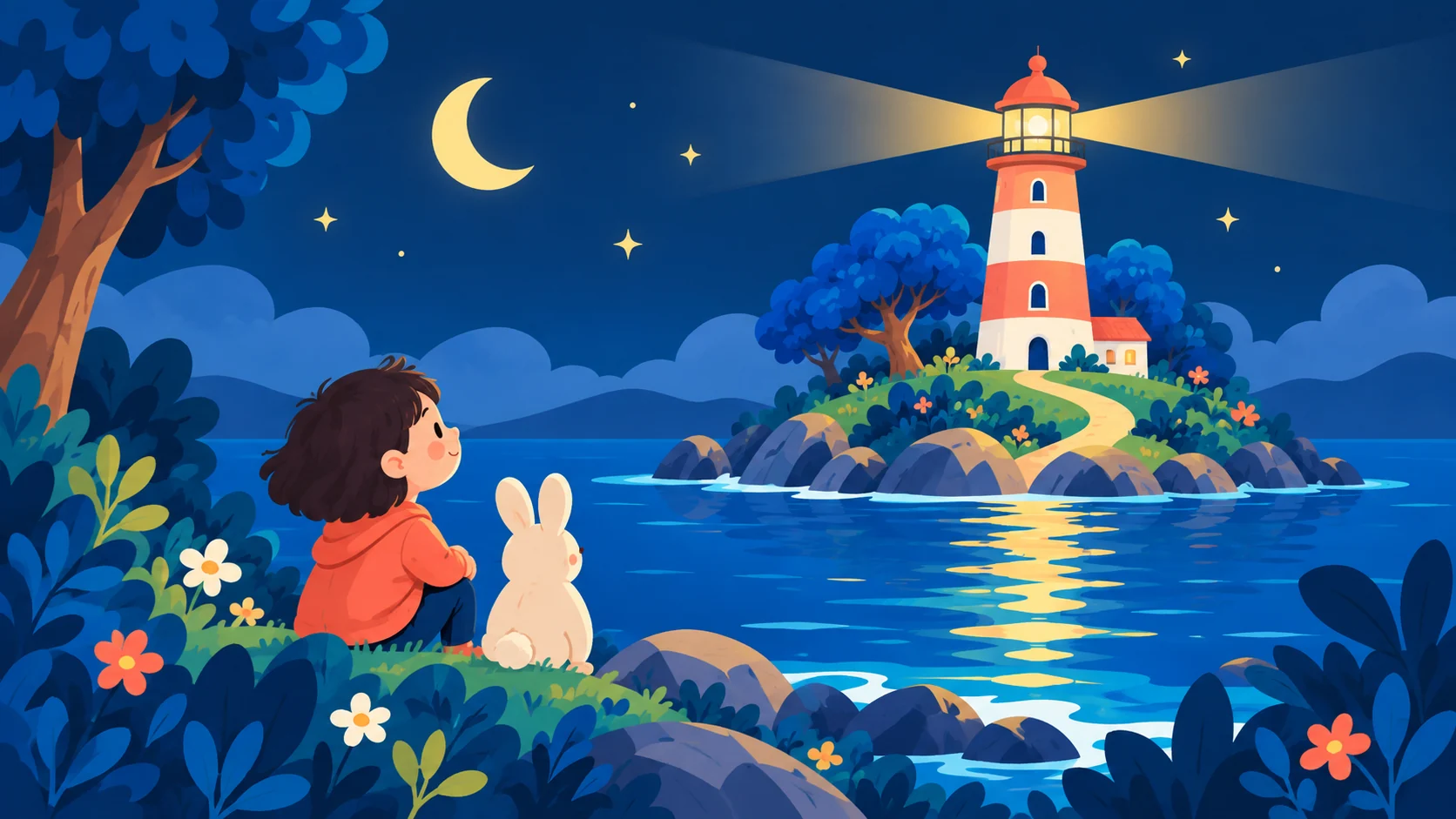 A child and a rabbit looking toward a warm lighthouse on a blue storybook island under the moon.