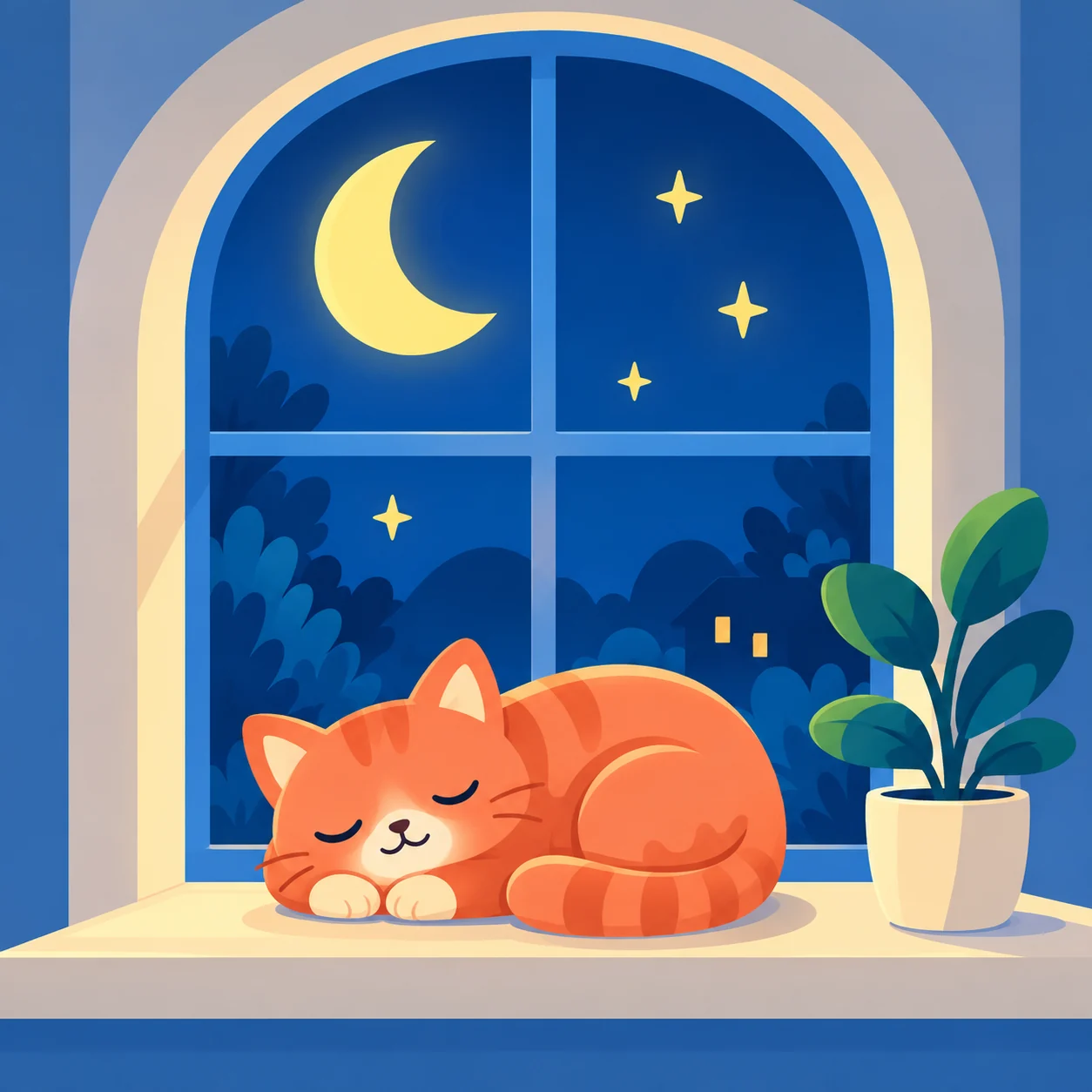A sleeping orange cat by a moonlit window, with books and a small plant.